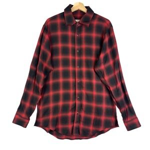 ORO Shirt Men's Size M Red plaid long sleeve flannel 100% Rayon Snap Down